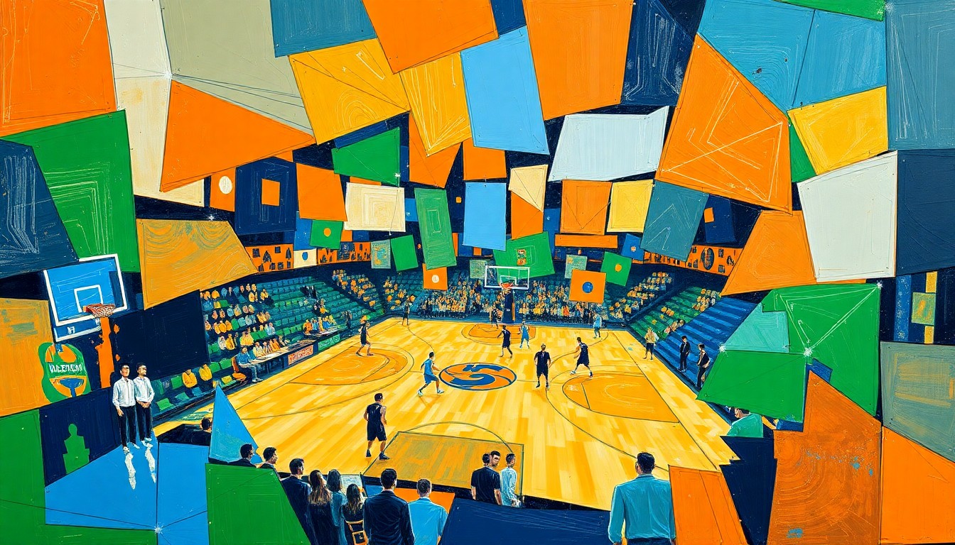 A fractured, cubist-style painting depicting a basketball game or competition, with sharp, overlapping geometric shapes in vibrant colors like orange, blue, and green, conceptually representing the energy and excitement of the Final Four festivities in Indianapolis.