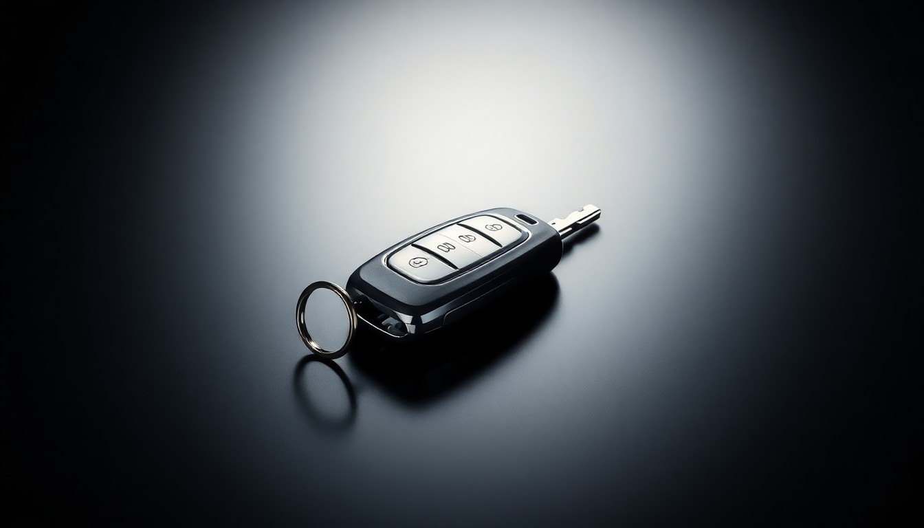 A close-up photograph of a polished, chrome-plated car key resting on a smooth, reflective black surface, using dramatic studio lighting to represent the abstract concepts of mobility and the automotive industry.