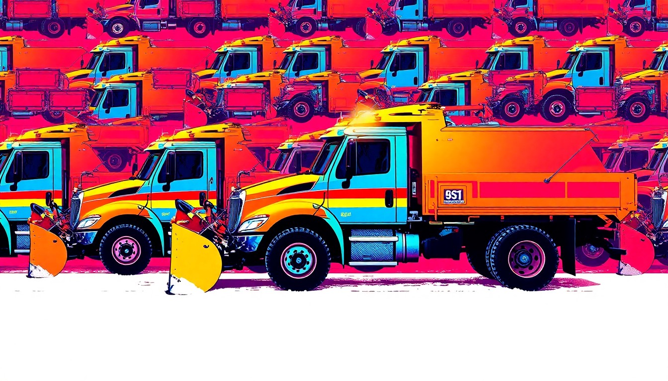 A bold, abstract silkscreen illustration of a snow plow truck repeated in a grid, rendered in a high-contrast neon color palette, conceptually representing New York City's upgraded winter storm infrastructure.