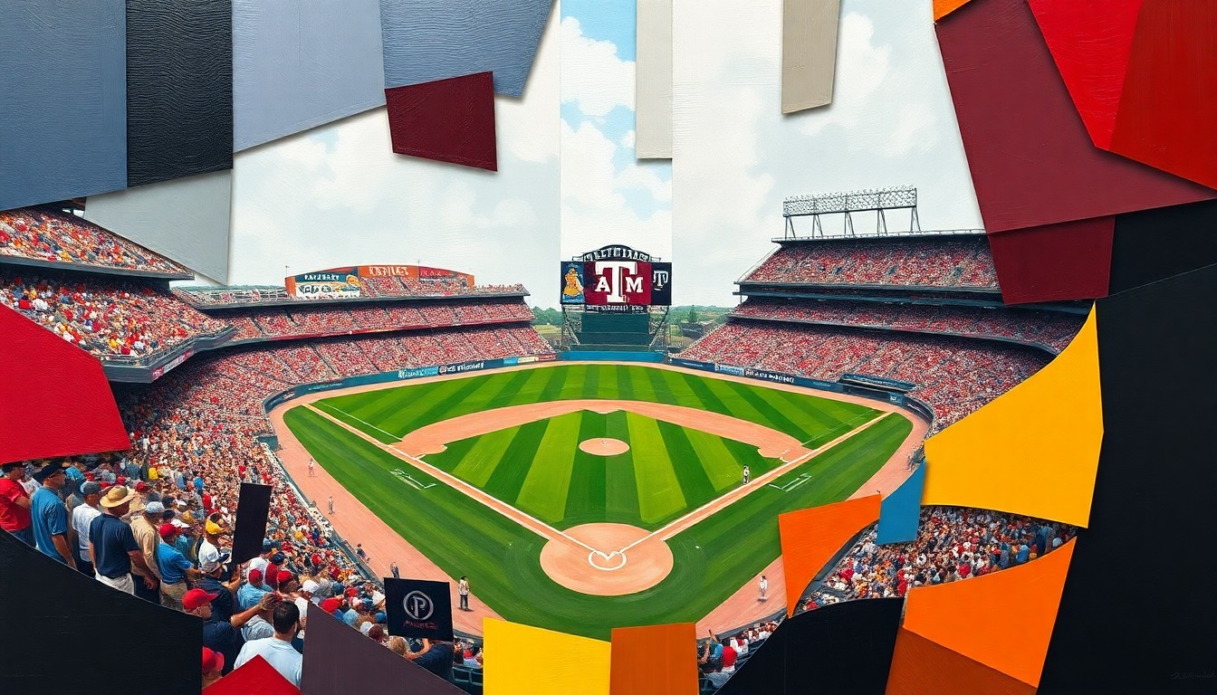 A fragmented, geometric painting in the style of Picasso, using the colors of Vanderbilt and Texas A&M to depict the action and energy of a college baseball game.