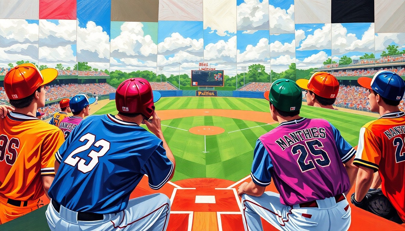 A fragmented, geometric painting depicting the dynamic movements and competition of a high school baseball game, with the bright colors of the opposing teams' uniforms creating a vibrant, energetic composition.