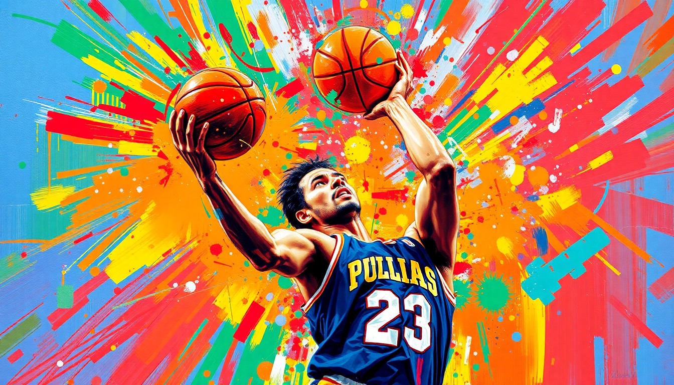 An extreme close-up of a basketball player's arm and hand releasing a 3-point shot, with the ball and arc of the shot rendered in a vibrant, expressionist style using rapid brushstrokes and neon colors to capture the raw energy and movement of the moment.