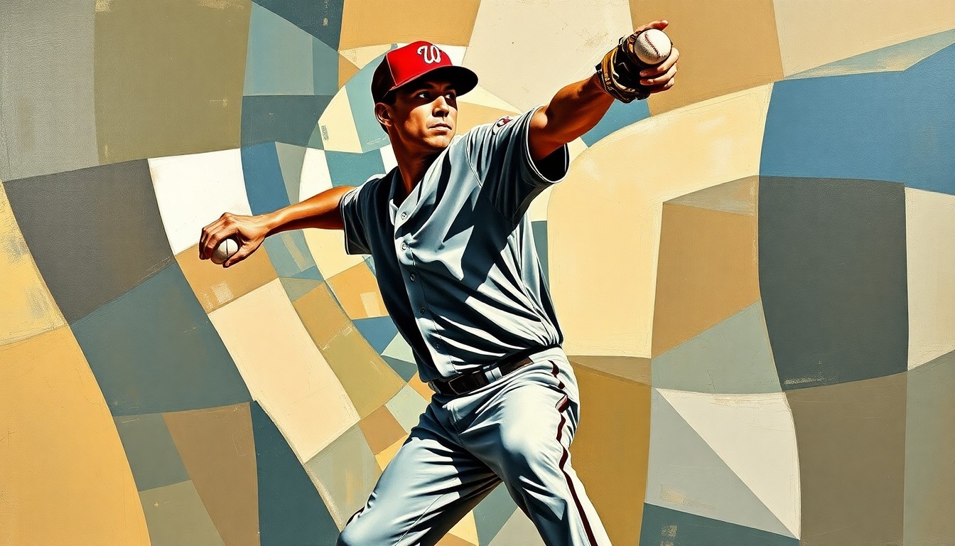 A fractured, multi-perspective painting depicting a baseball pitcher's delivery broken down into sharp, overlapping geometric shapes and planes, with the pitcher's body and the ball dissolving into abstract forms.
