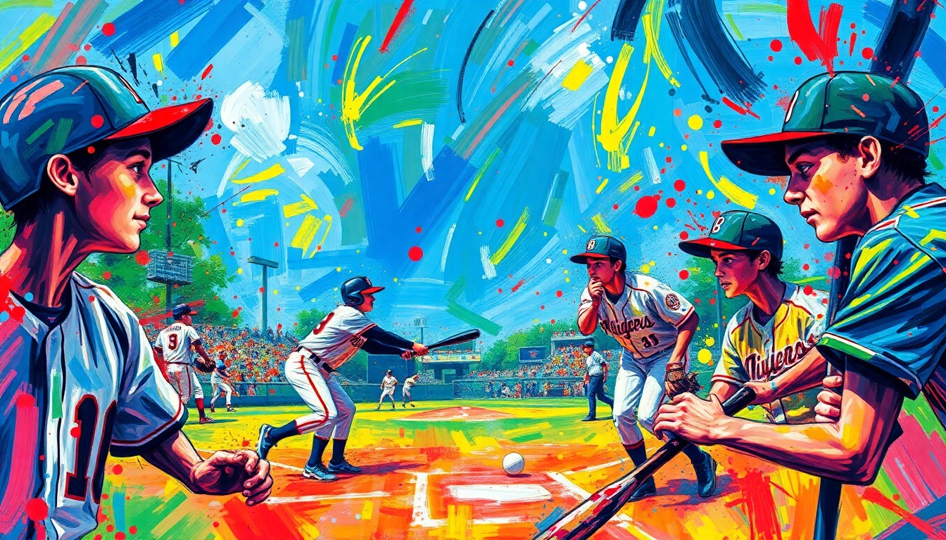 An abstract, expressionist painting in vibrant neon colors, capturing the frenetic energy and movement of a high school baseball game, with players' forms dissolving into bold, sweeping brushstrokes.