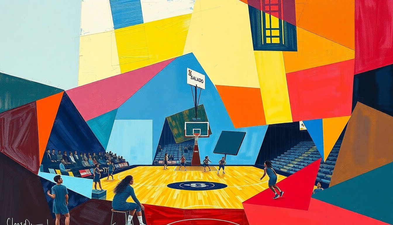 A fragmented, cubist-style painting depicting the action and energy of a high school girls basketball game, with the court and players broken down into sharp, overlapping geometric shapes and planes in the school colors of the two teams.