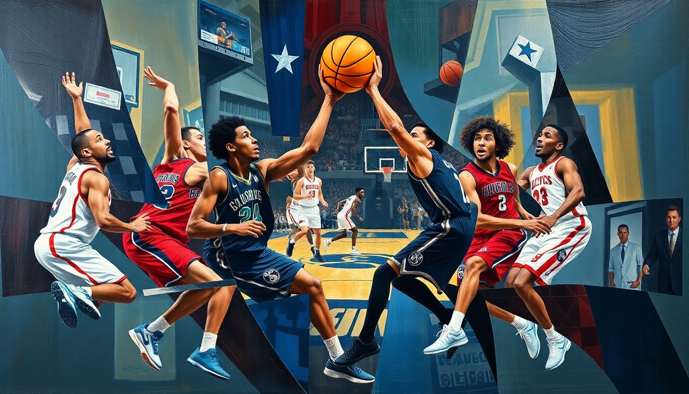 A cubist, geometric painting depicting the fragmented forms of college basketball players in motion, capturing the energy and intensity of the Final Four tournament.