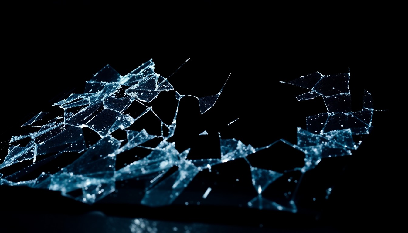 An extreme close-up photograph of a shattered car windshield against a pitch-black background, capturing the stark, gritty aftermath of a high-speed pursuit that claimed multiple lives.