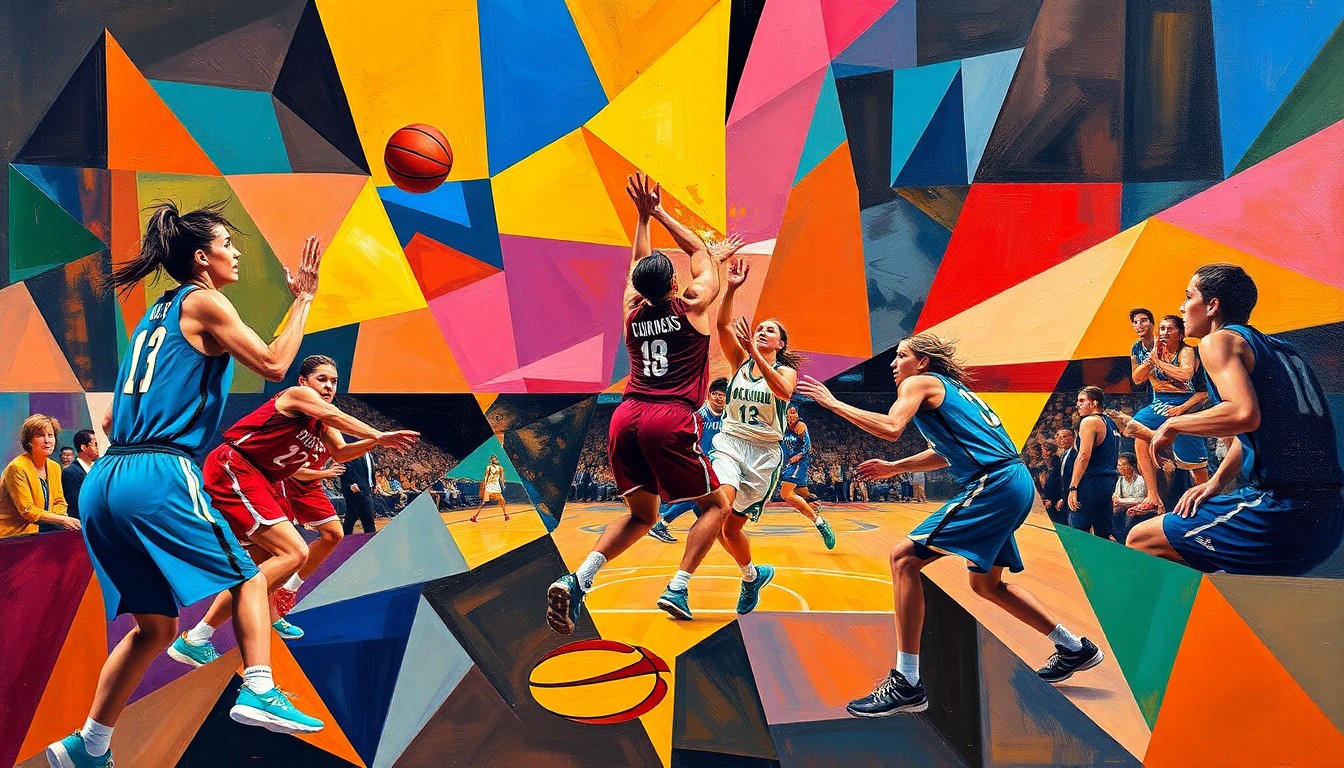 A cubist-style painting featuring fragmented, geometric shapes in the team colors of the four Final Four participants, capturing the dynamic energy and intensity of the women's basketball semifinals.