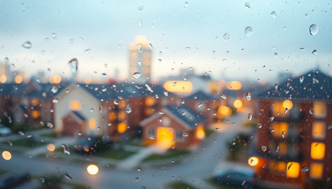 An abstract, blurred image of apartment buildings and homes in warm, hazy tones, conveying the challenges of finding affordable housing in San Diego.