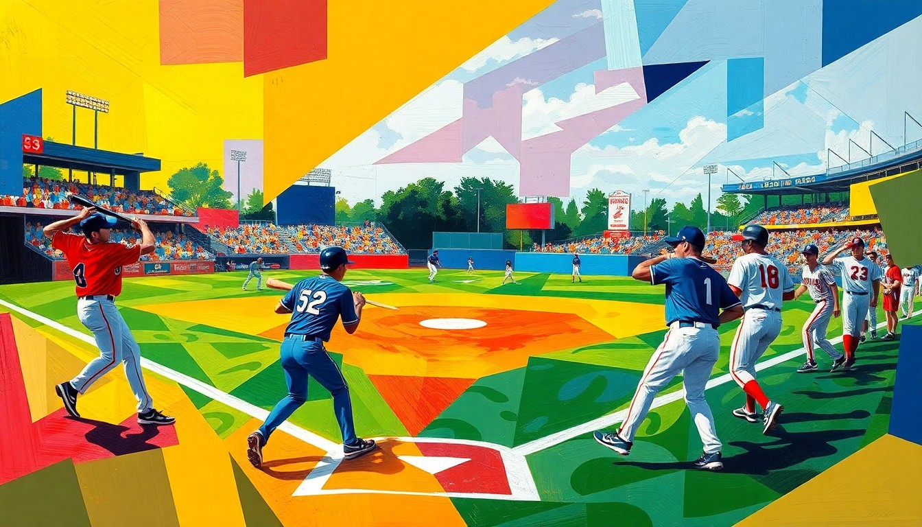 A fragmented, geometric painting depicting the dynamic action of a high school baseball game, with sharp planes of color representing the players, field, and crowd energy.