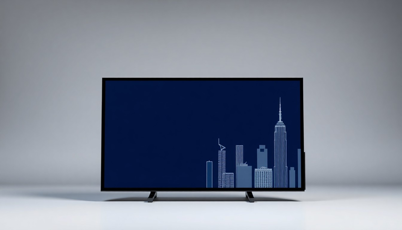 A photorealistic studio still life featuring a sleek digital display screen and a stylized city skyline model, conveying the power and precision of programmatic DOOH advertising.