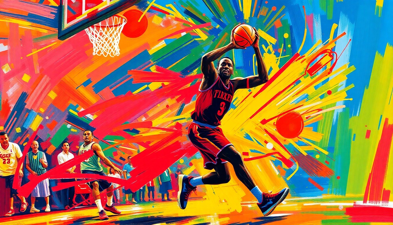 An abstract painting featuring bold, sweeping brushstrokes in neon shades of orange, pink, and blue, capturing the dynamic motion and intensity of a basketball game.