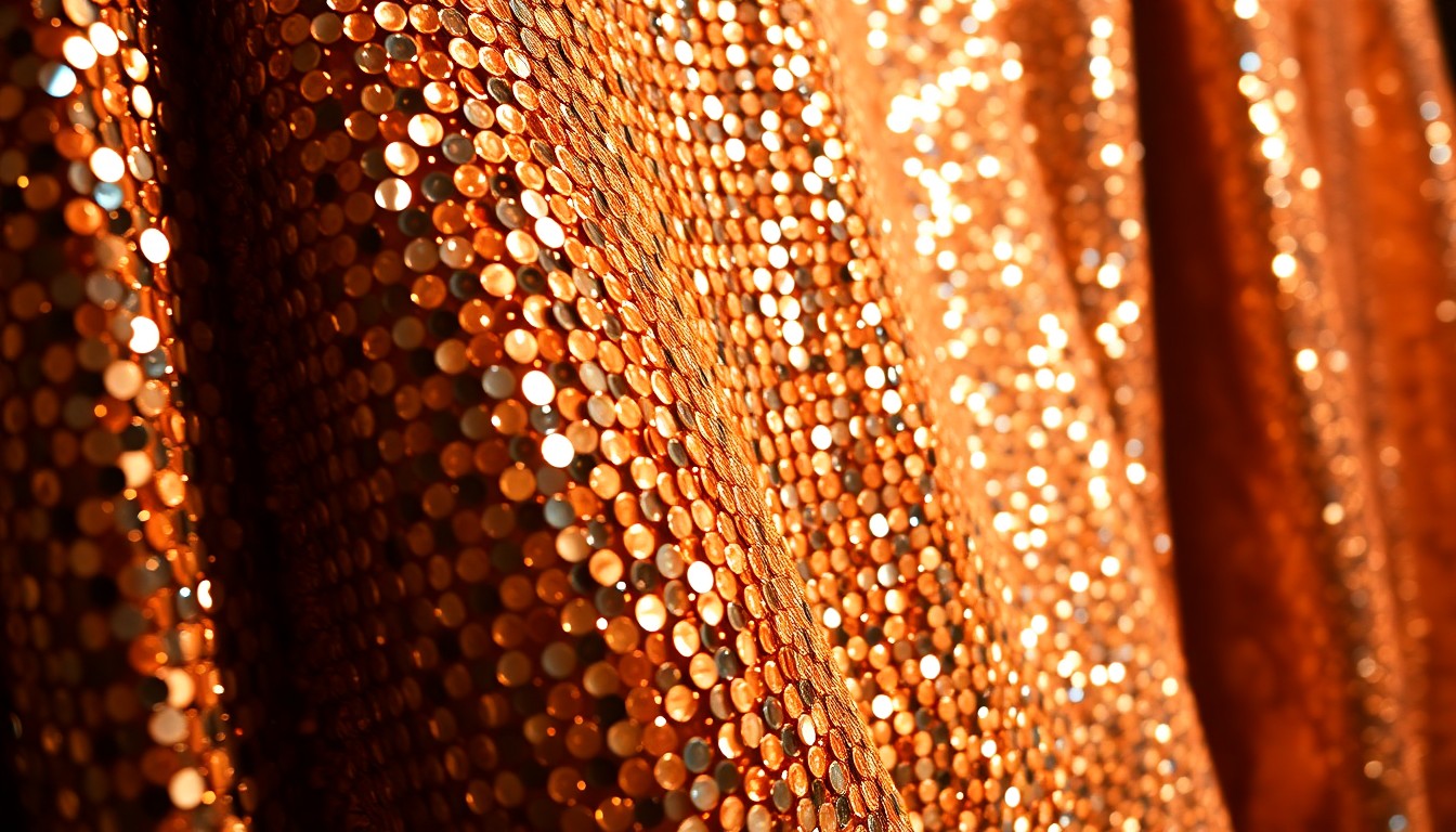 An abstract, high-contrast close-up photograph of a shimmering, sequined fabric, capturing the luxurious textures and glamour associated with celebrity culture.