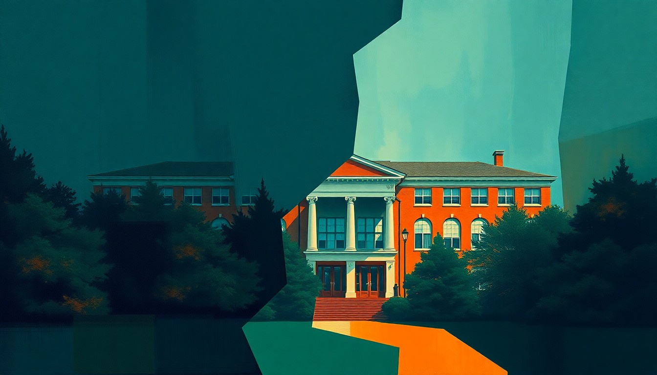 An avant-garde painting of a school building repeated in overlapping, fractured, geometric waves of dark blue, forest green, and burnt orange, conceptually representing the divisive politics surrounding education reform in Anchorage.