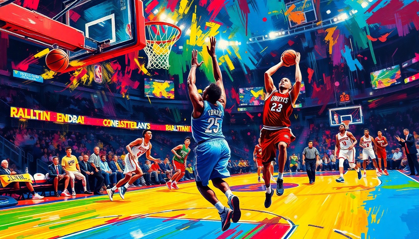 An abstract, energetic painting featuring bold, neon-colored brushstrokes that dynamically capture the movement and intensity of an NBA basketball game, without any identifiable players or teams.