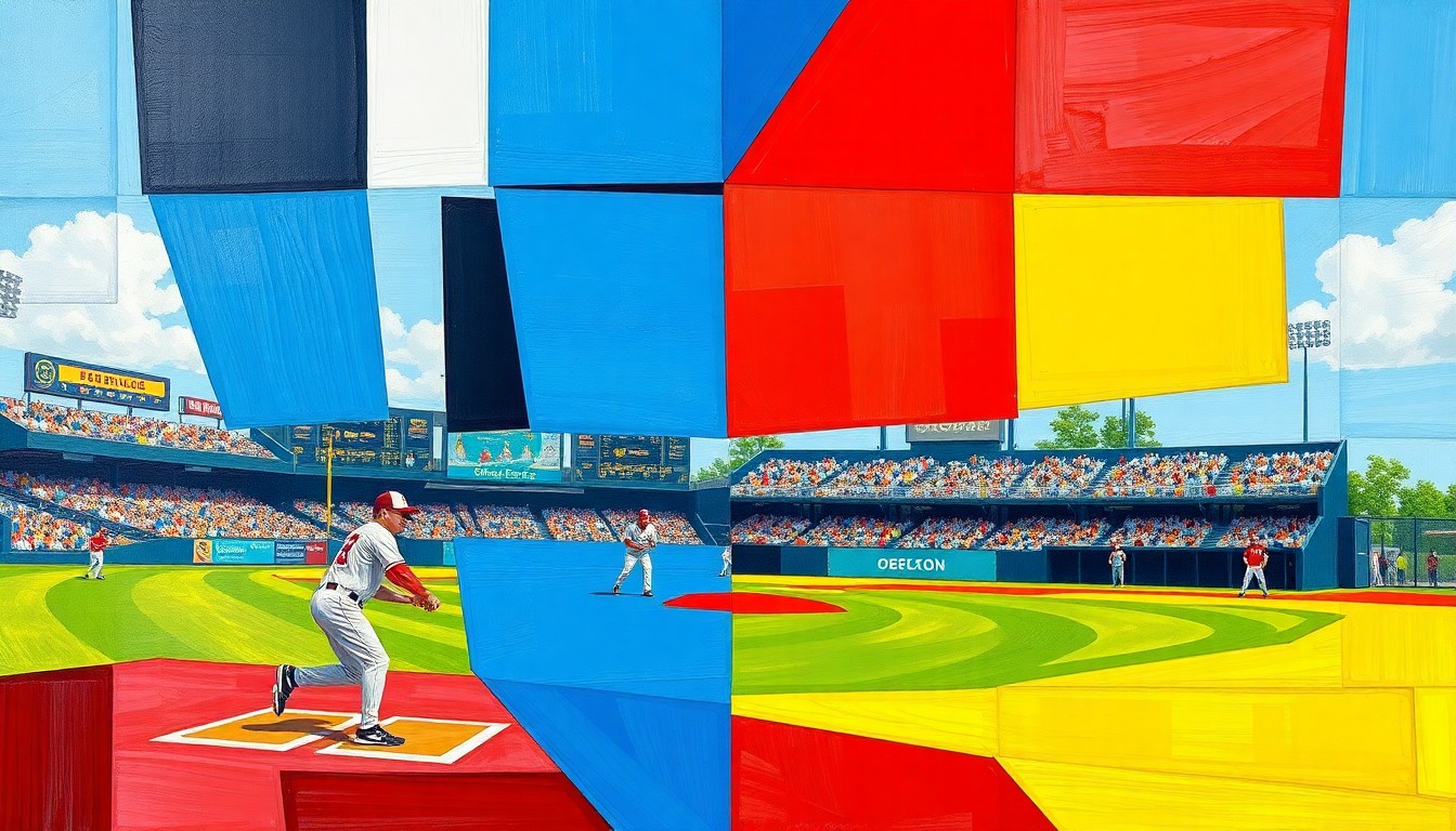 A fragmented, geometric painting in bold primary colors depicting the dynamic action and movement of a high school baseball game, without any recognizable figures or details.