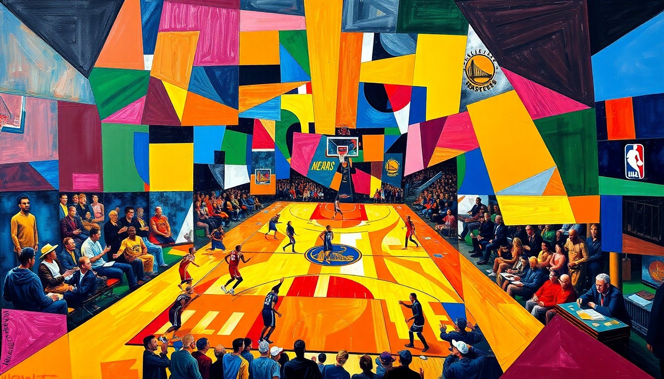 A fragmented, geometric painting depicting an NBA basketball game, with sharp planes of color representing the players and action on the court, reflecting the Thunder's disciplined and focused approach to the game.