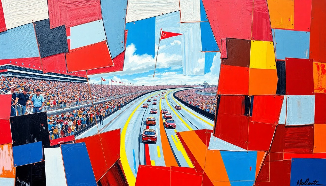 A cubist, geometric painting depicting a NASCAR race at Rockingham Speedway, with the track, cars, and spectators broken down into sharp, overlapping planes of vibrant red, blue, and yellow colors.
