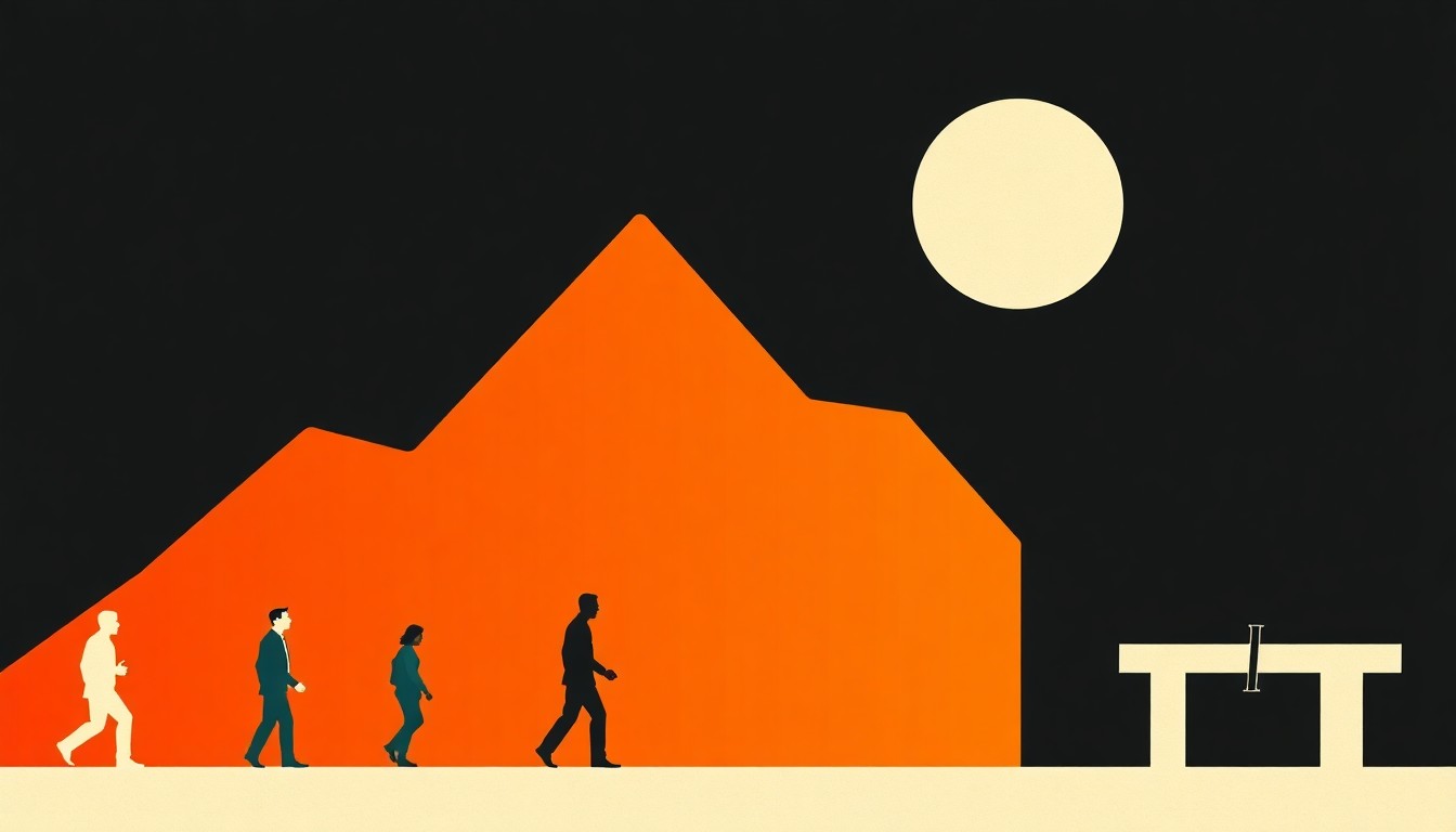 An abstract composition of overlapping triangles and rectangles in shades of blue, red, and yellow, conveying the interplay of economic factors affecting employment and the broader economy.