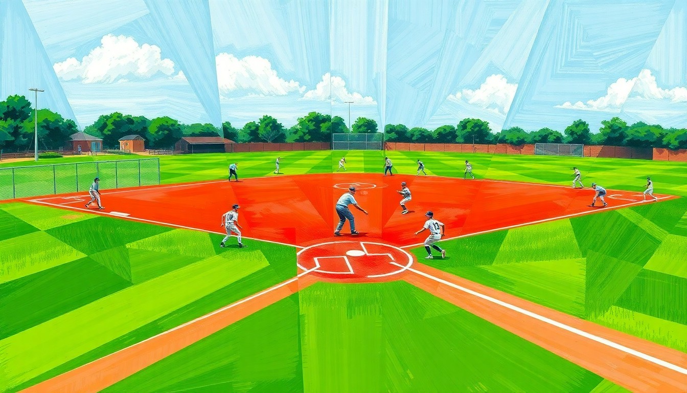 A cubist-style painting featuring overlapping geometric shapes in bright greens, reds, and blues, representing the dynamic motion and competitive energy of a high school softball game.
