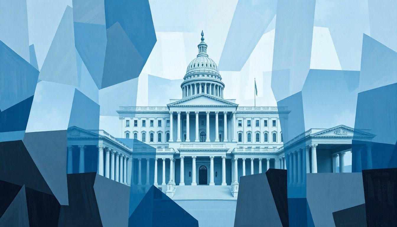 An abstract, fragmented painting in shades of blue, grey, and white depicting an indistinct government building or legislative chamber, with the image repeated in overlapping geometric waves to convey a sense of motion and tension around the political debate.