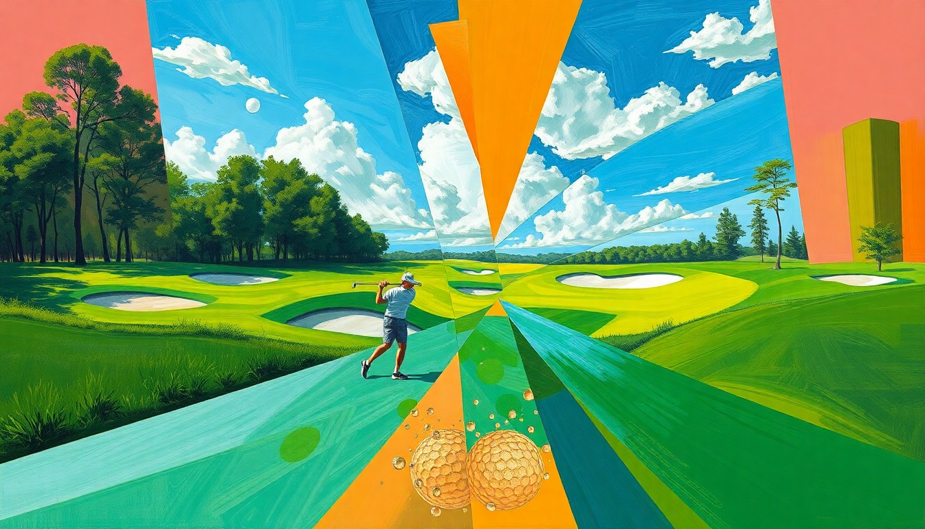 A fragmented, geometric painting depicting the various elements of a golf course and the dynamic motion of a golf swing, conveying the competitive spirit of a high school sports event.