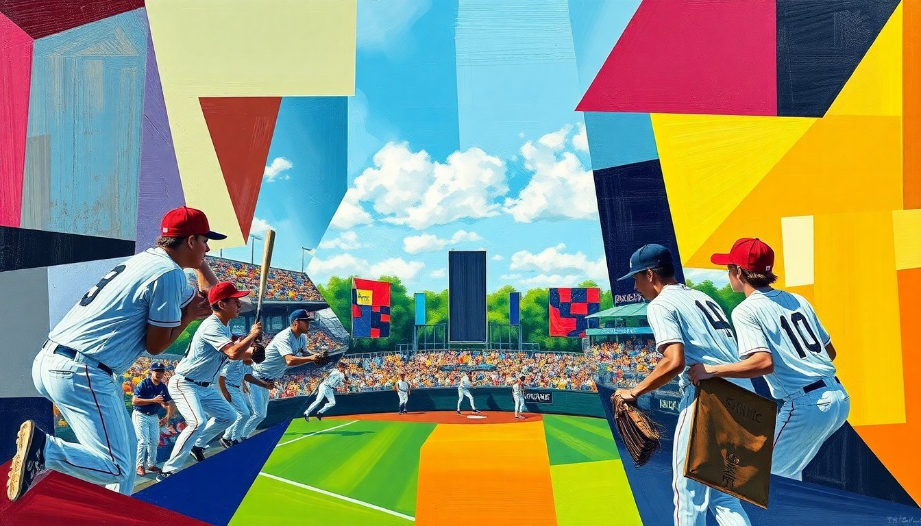 A fragmented, cubist-style painting depicting a high school baseball game, with the players and field broken down into sharp, overlapping geometric shapes and planes of color.