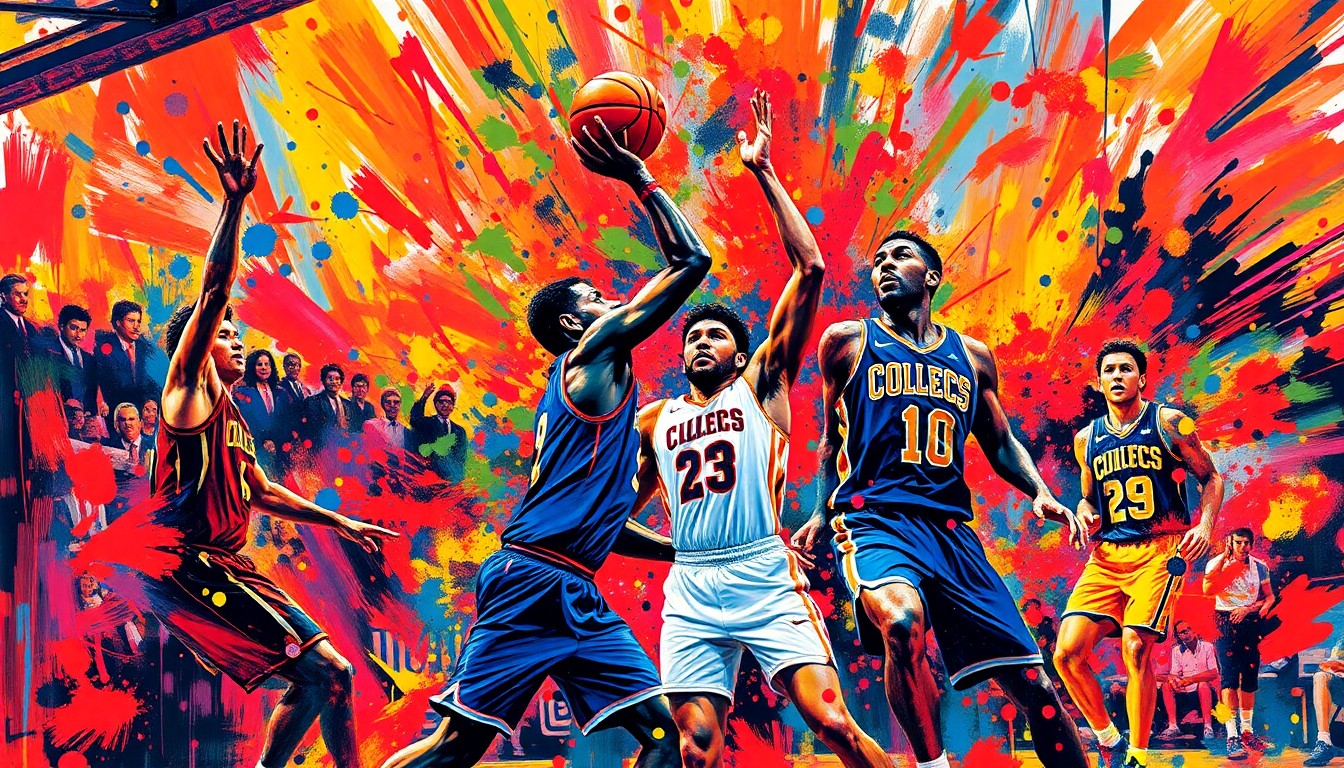 An abstract, energetic painting in neon colors depicting the frenetic action of a college basketball game, with players' forms dissolving into expressive brushstrokes.