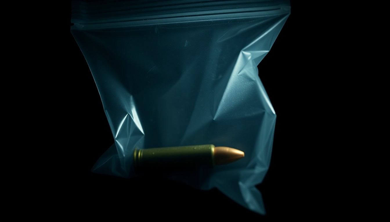An extreme close-up photograph of a police evidence bag containing a single bullet casing, lit by a harsh, direct camera flash against a pitch-black background, conceptually illustrating the critical role of evidence management in law enforcement.