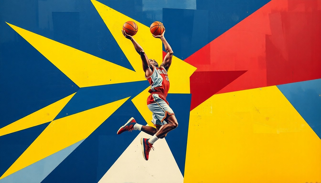 A cubist, geometric painting depicting a basketball player mid-jump shot, with the figure fractured into overlapping planes of navy, yellow, and red, capturing the dynamic energy of the sport.