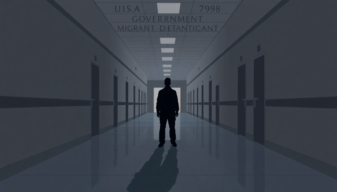 A shadowy, solitary figure standing alone in a dimly lit government hallway, conveying the isolation and dehumanization experienced by migrants in detention.
