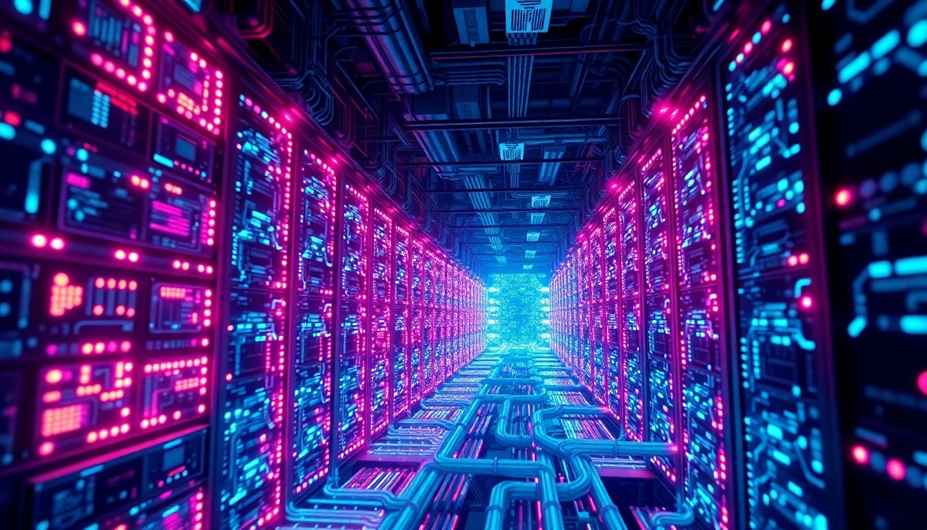 A complex, glowing 3D illustration of an interconnected network of data center servers and microchips, representing the physical infrastructure behind AI's environmental impact and the concentration of corporate power.