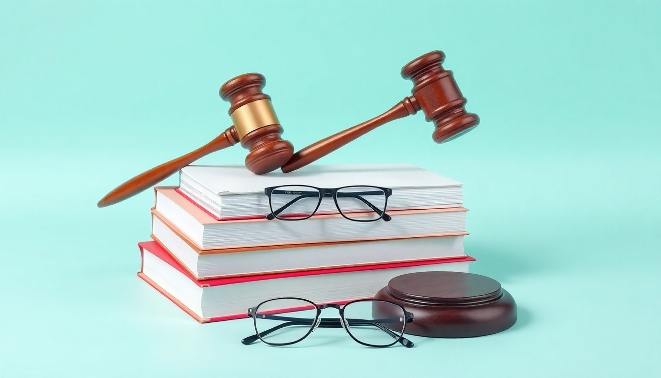 A high-end, photorealistic studio still-life photograph featuring a stack of legal books, a gavel, and a pair of eyeglasses arranged elegantly on a clean, monochromatic background, conceptually representing the legal expertise and advocacy work of Tina Patterson in her new leadership role.