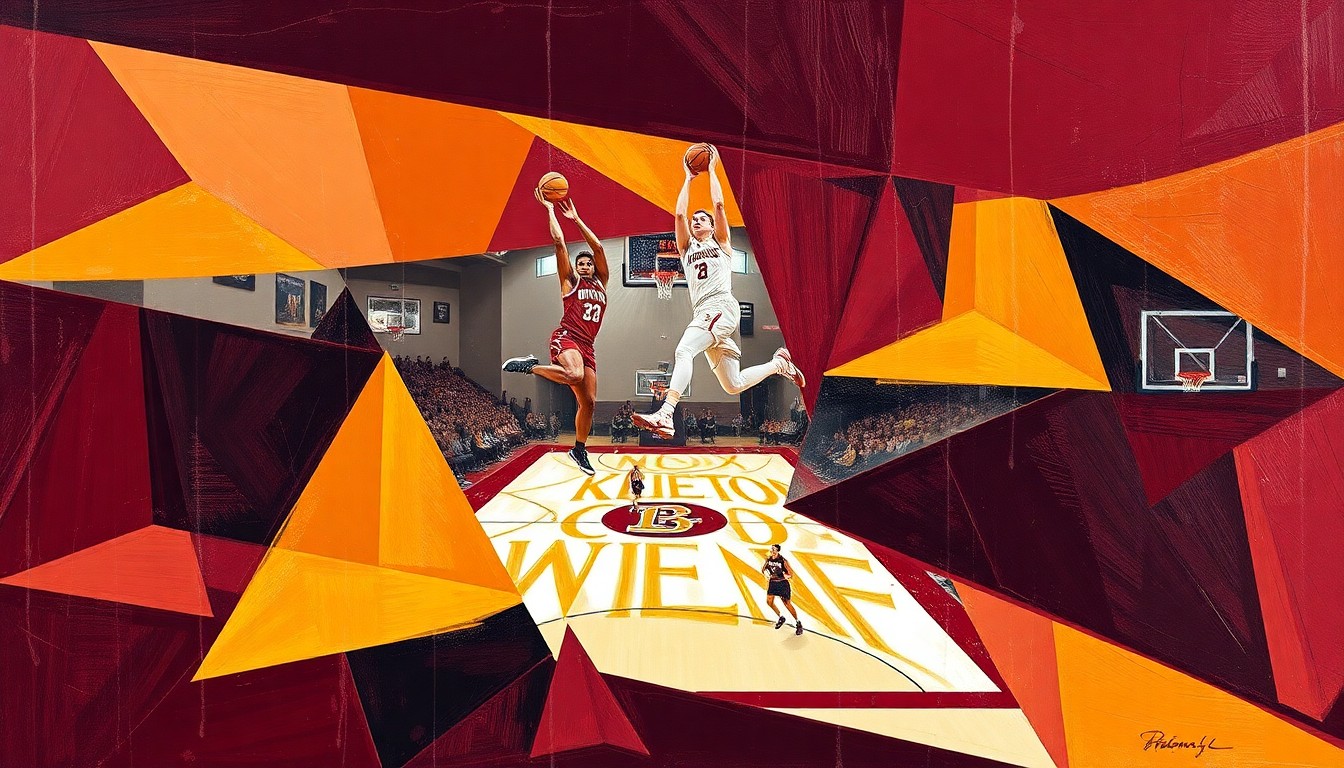A cubist-style painting featuring overlapping geometric shapes and planes in maroon and gold, representing the fragmented nature of a women's basketball game without any identifiable players or logos.