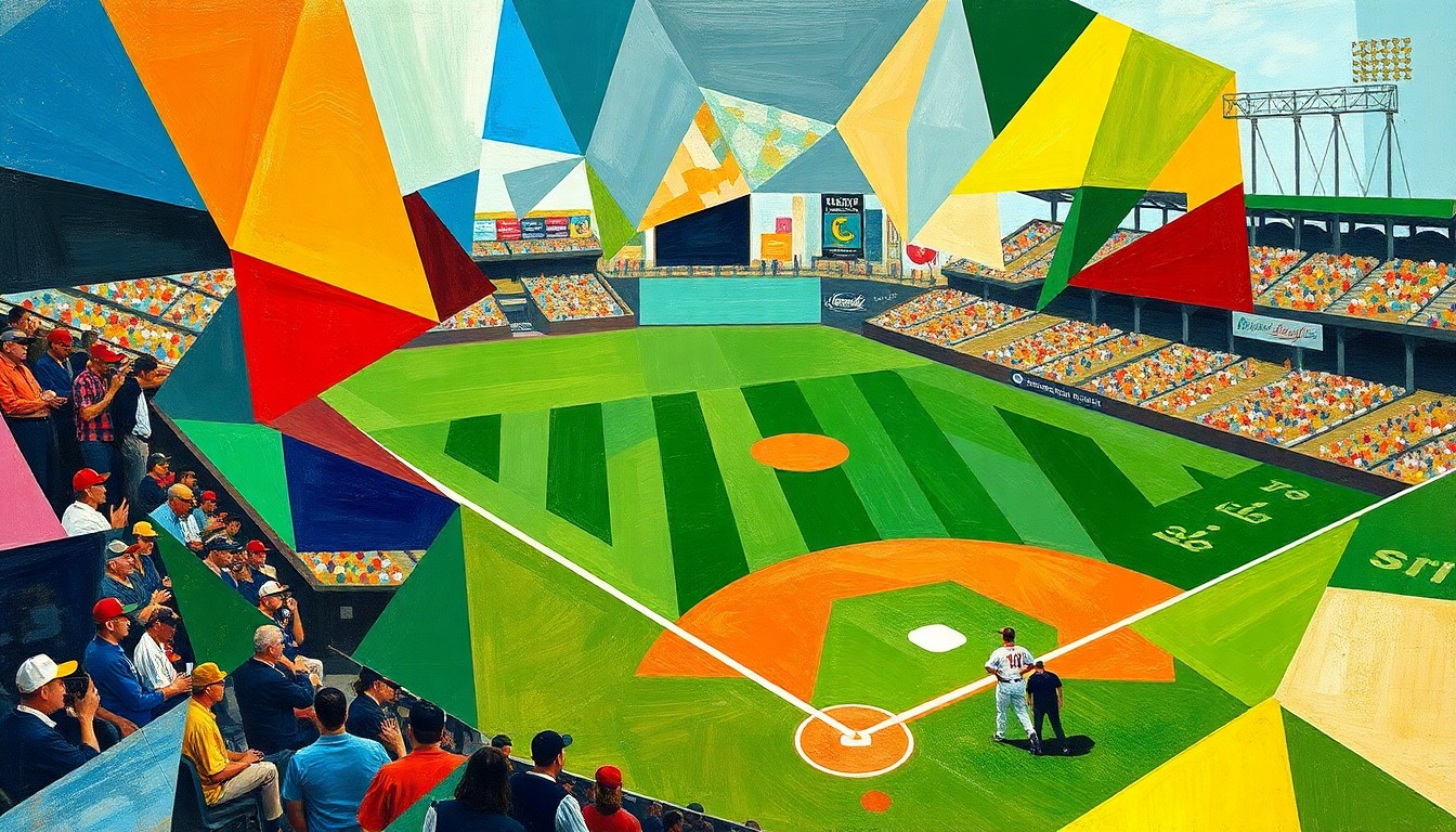 A cubist, geometric painting depicting a baseball game broken down into angular, overlapping shapes and planes of color, representing the fragmentation of the sport's integrity due to its increasing ties to the gambling industry.