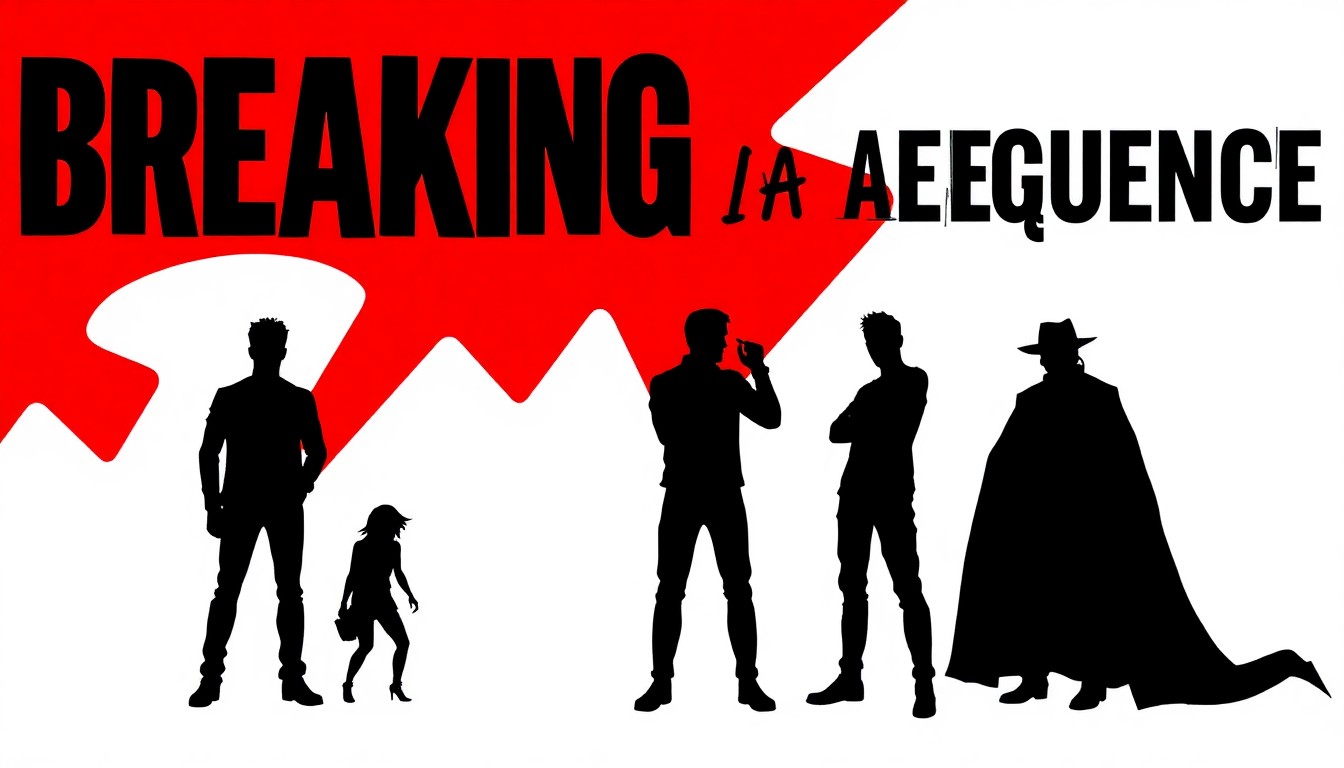 An abstract, geometric composition of sharp, overlapping black shapes representing the members of the band and their special guests, set against a high-contrast background of bold red and white colors.