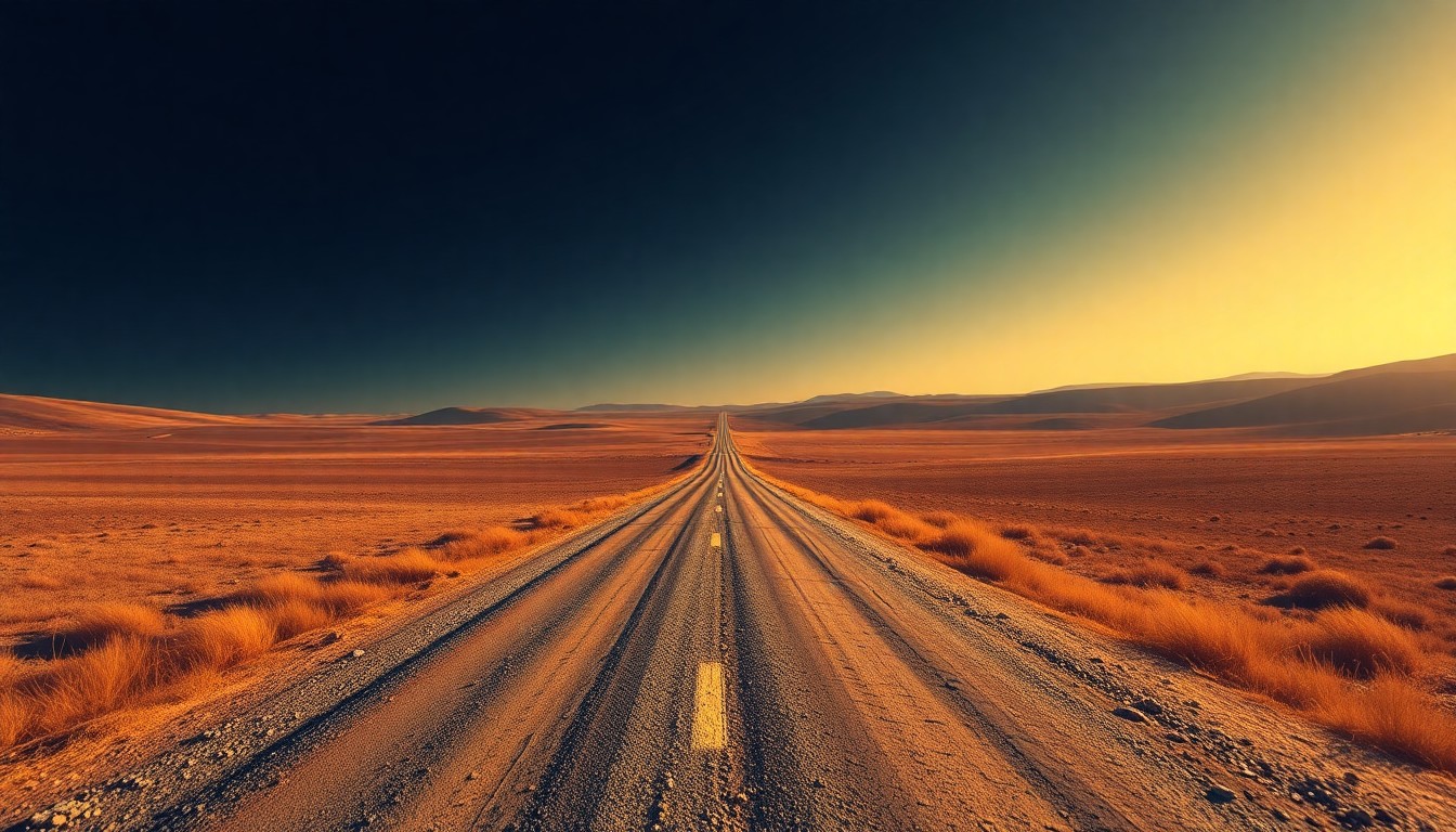 A serene, cinematic painting of an empty gravel road winding through a vast, open landscape, with warm sunlight casting long shadows across the scene, conceptually representing the community impact of the border road closure.
