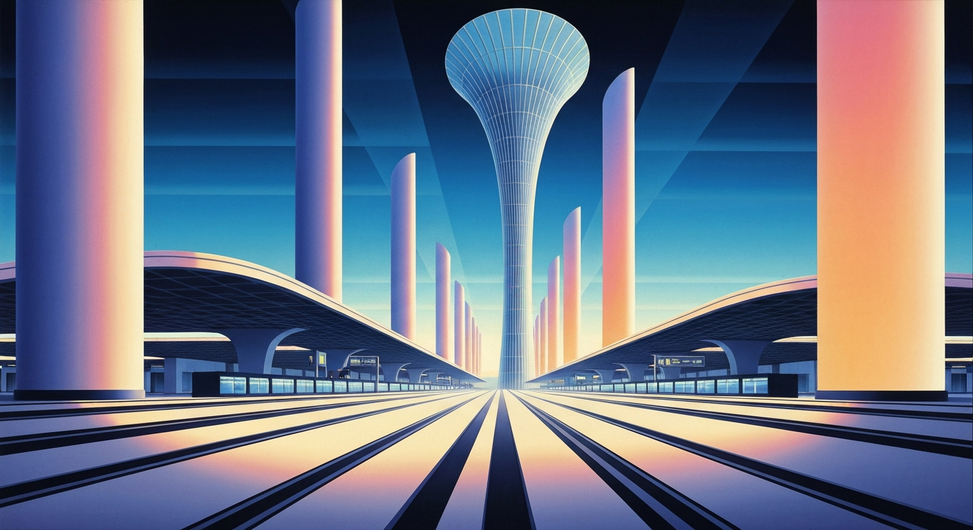 A bold, geometric illustration depicting the grand scale and modern architecture of a bustling airport terminal or light rail system, with sweeping lines and gradients evoking the energy and excitement of the NCAA Women's Final Four event.