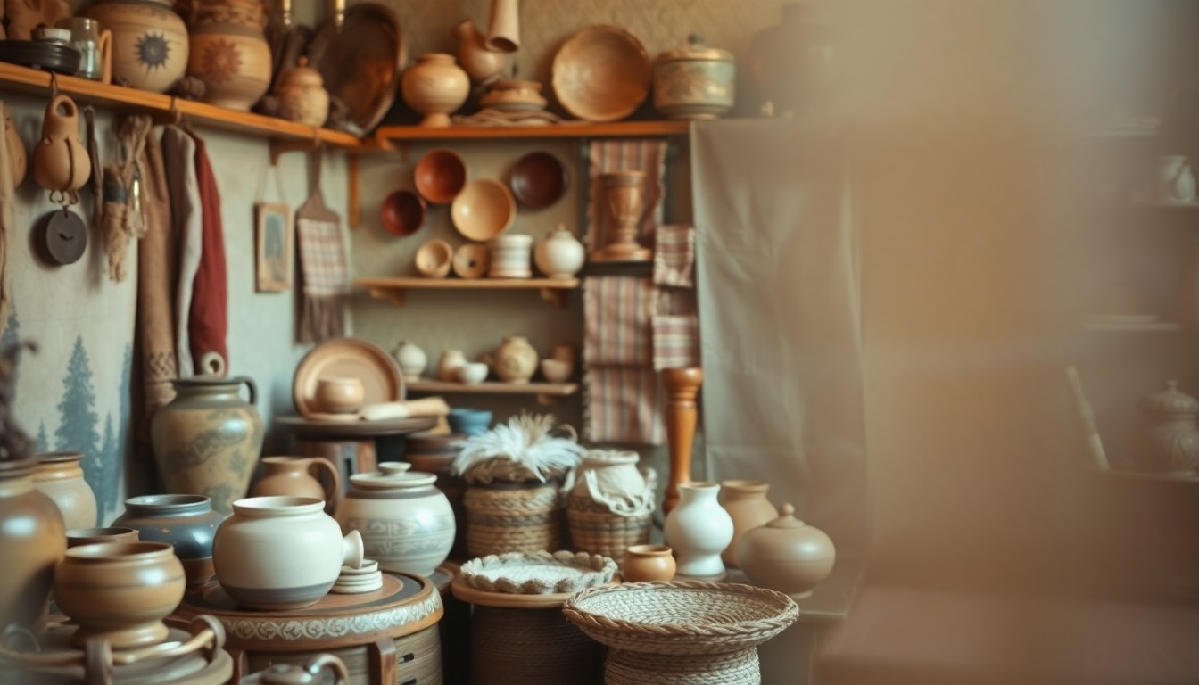 An abstract, out-of-focus photograph in warm, earthy tones depicting an assortment of handmade crafts and artisanal products, conceptually representing the intimate, community-driven nature of the Reading-Berks Guild of Craftsmen's events.