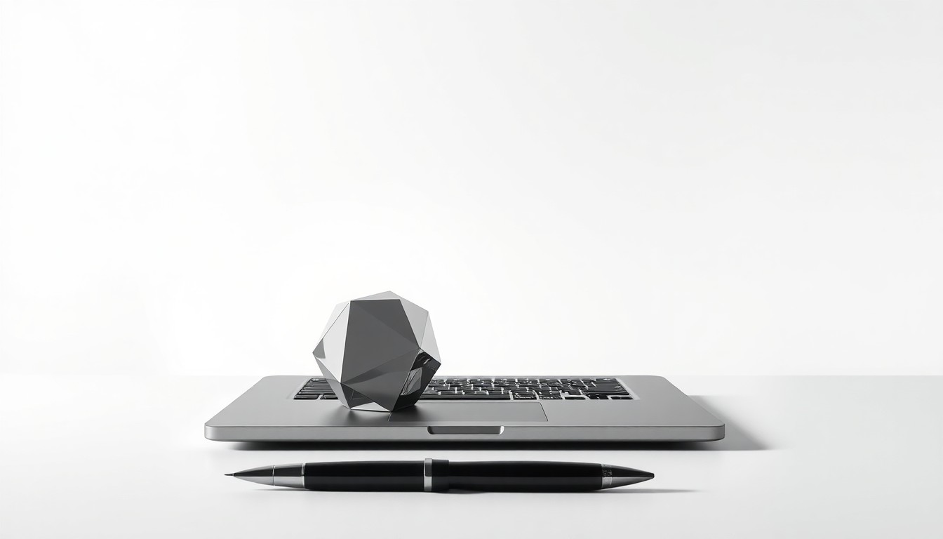 A minimalist studio still life featuring a sleek laptop, geometric paperweight, and premium fountain pen, symbolizing Next Point LLC's technology expertise and corporate success.