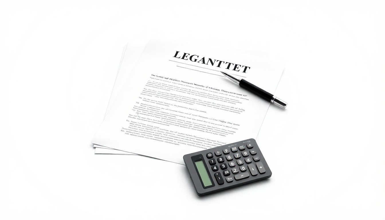 A clean, minimalist studio still life photograph featuring a stack of legal documents, a pen, and a calculator on a plain white background, conceptually representing the legal and financial implications for investors.