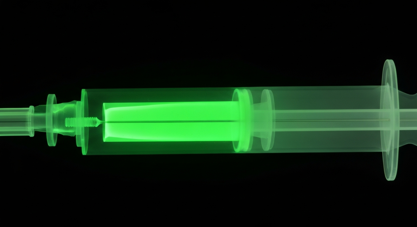 An extreme close-up X-ray image showing the translucent, glowing internal structure of a syringe filled with a vaccine serum, conceptually representing the complex medical technology at the center of an investor lawsuit.