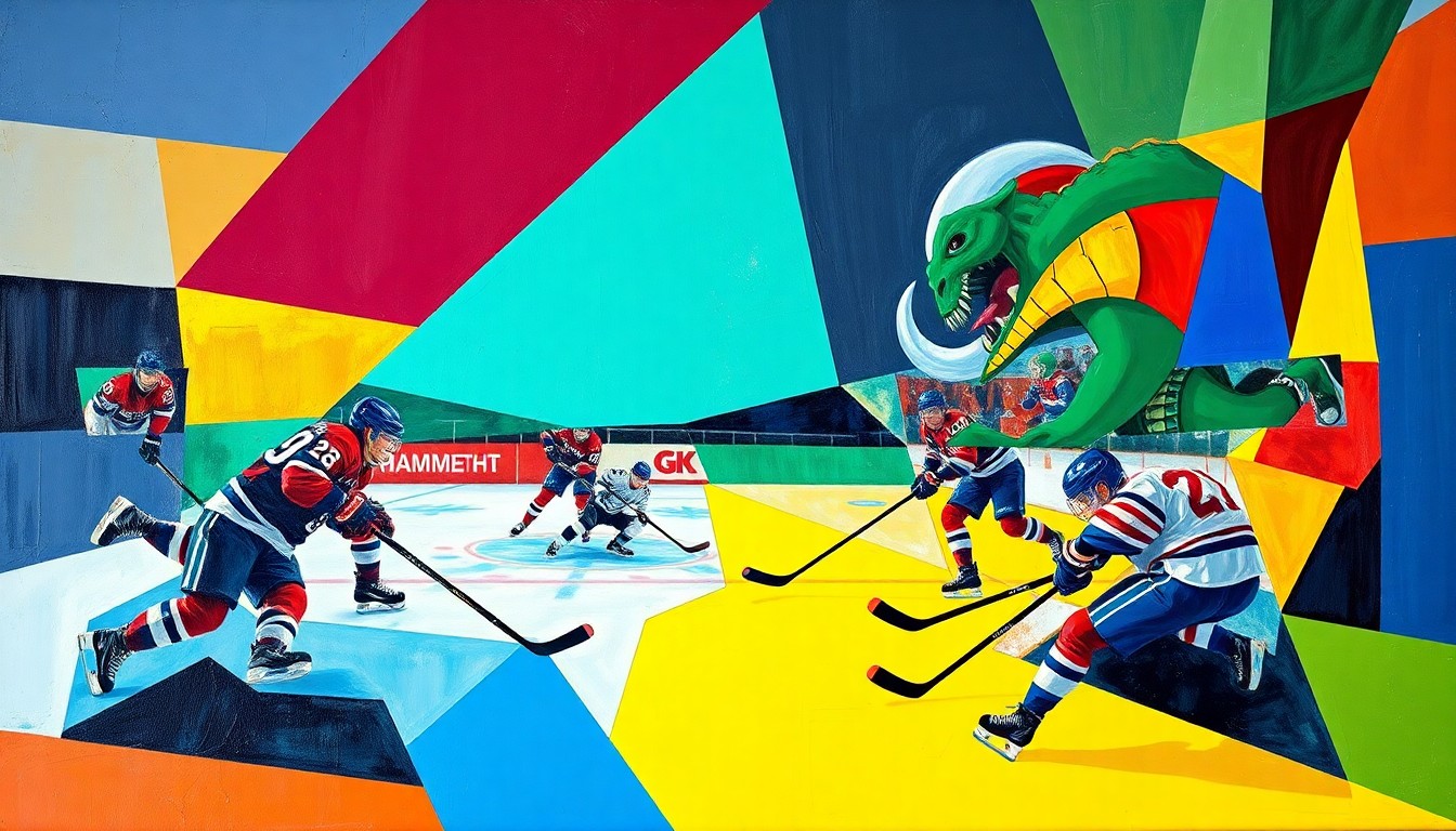 A fractured, geometric painting depicting a hockey game, with the players and the rink broken down into sharp, overlapping planes of color representing the Mammoth and Kraken uniforms.