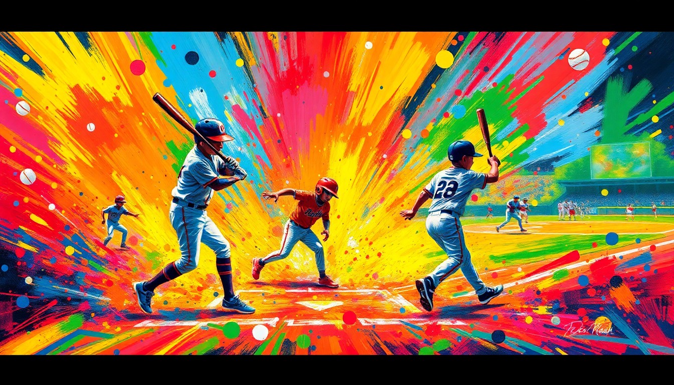 An abstract, energetic painting in neon colors depicting the motion and excitement of a youth baseball game, with players and equipment blending into expressive brushstrokes.