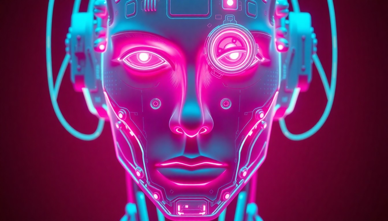 A highly detailed, glowing 3D illustration of a human face composed of luminous cybernetic hardware elements in shades of neon cyan and magenta, partially obscured to represent the ethical complexities of digital human recreation.