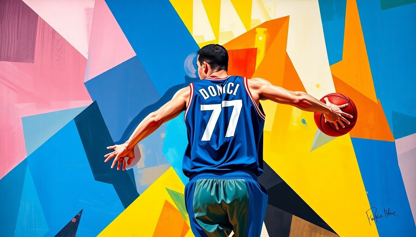 A cubist, geometric painting depicting a basketball player in motion, with sharp, overlapping planes of color representing the player's body and movement on the court.
