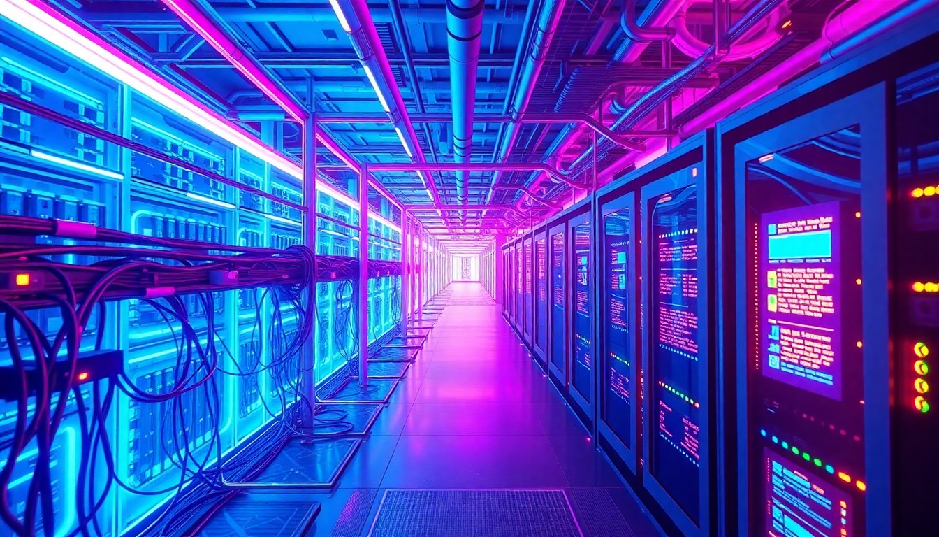 A highly detailed, glowing 3D illustration of a futuristic digital infrastructure hub, with neon cyan and magenta lights illuminating the complex network of cables, servers, and data centers, conceptually representing the technological advancements driving the region's digital transformation.