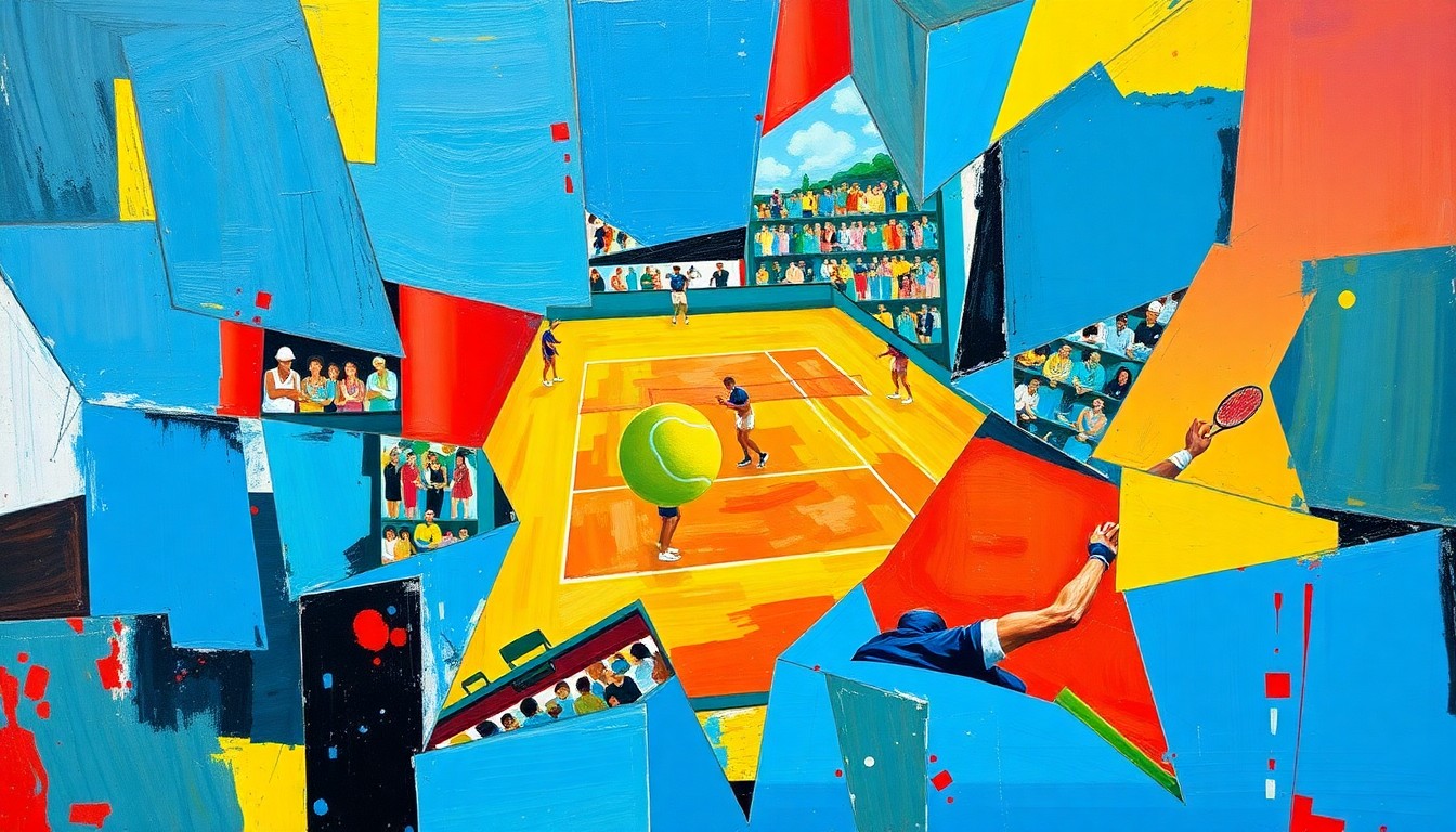A fractured, cubist-style painting depicting the dynamic movements and energy of a tennis match, with sharp geometric shapes and vibrant colors.