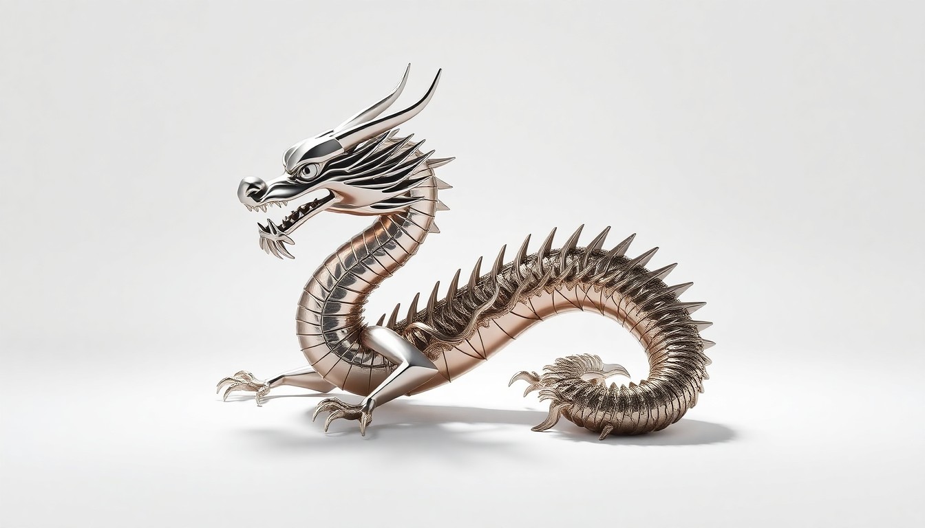 A highly detailed, photorealistic studio photograph of a polished metal sculpture in the shape of a Chinese dragon, resting on a clean white background and dramatically lit from the side, conveying the complexity and importance of the Chinese consumer market for major U.S. brands.