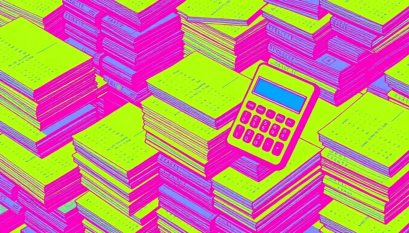 A brightly colored, high-contrast silkscreen print of a stack of accounting ledgers and a calculator repeated in a tight grid pattern, conceptually representing the financial leadership transition in the Iowa City school district.